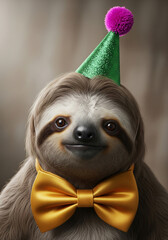 Obraz premium Cute anthropomorphic sloth wearing golden bow tie and green party hat smiling at camera for birthday celebration portrait