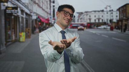 Man in white shirt and tie showing open palms gesture on pedestrian city street; offer invitation welcome.