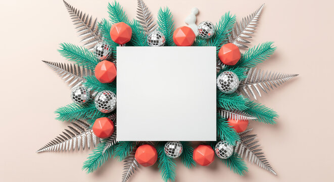 Christmas mockup with a blank square paper surrounded by fir branches and disco balls on a beige background - Powered by Adobe