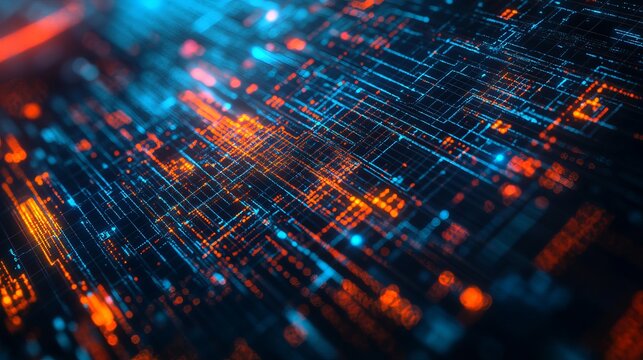 Futuristic technology background with glowing circuit patterns in vibrant blue and orange, ideal for modern tech brands and innovative digital campaigns