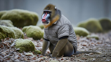 Mandrill monkey wearing a puffer jacket sitting on the ground in a cold forest. Animal in clothing concept for funny nature and wildlife.