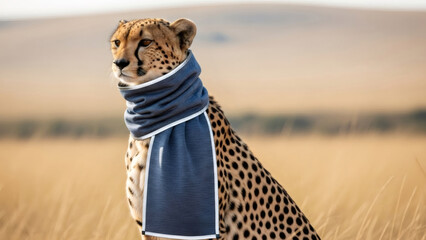 Cheetah wearing a warm blue scarf sitting in an african savanna. Wildlife conservation awareness and fashion concept for pets and animals.