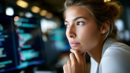 Partial view of young female developer examining data streams and making progress on algorithmic solutions, focused programming work, software analysis, code review session, with c