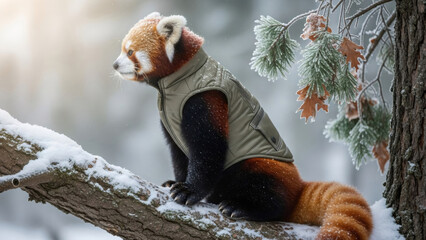 Red panda wearing a warm vest sitting on a snowy tree branch in winter forest. Cute animal fashion concept for pet clothing advertisement.