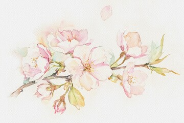 Sakura flowers on white aquarelle background