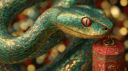 Chinese new year 2025. A snake with a traditional red Oriental lantern