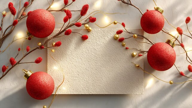 Elegant Christmas Card Mockup with Sparkling Red Baubles, Berries, and Warm Fairy Lights for Festive Holiday Greetings and Celebrations - Powered by Adobe