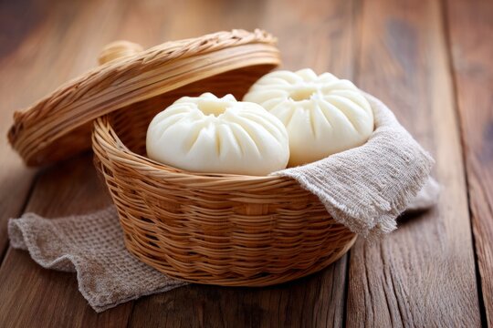 Fresh fluffy white steamed buns rest on light cloth inside woven wicker basket, lid open, on rustic wooden table.