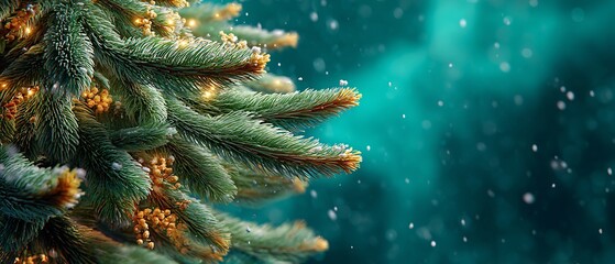 Cinematic Christmas Tree Branch with Sparkling Lights and Snowflakes on a Deep Teal Backdrop, Ideal for Holiday Greetings and Celebrations