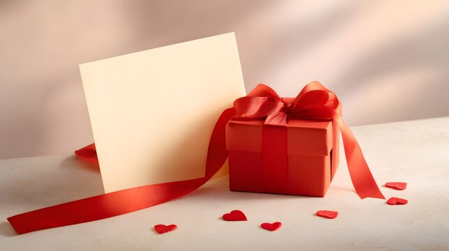 Romantic Valentine’s Gift Still Life Elegant Greeting Card Soft Satin Ribbon Pastel Background Hearts