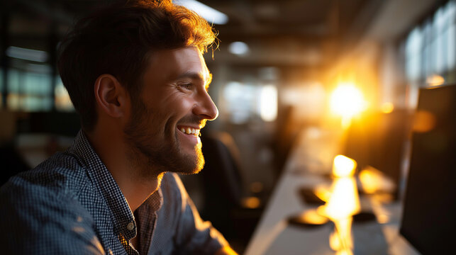 Side profile silhouette of cheerful anonymous web designer working on creative project in open office layout, positive development atmosphere, modern workplace, collaborative space