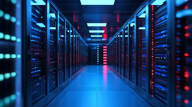 Explore the heart of data networks in a modern server room, showcasing powerful technology infrastructure and secure systems for global connectivity - Powered by Adobe