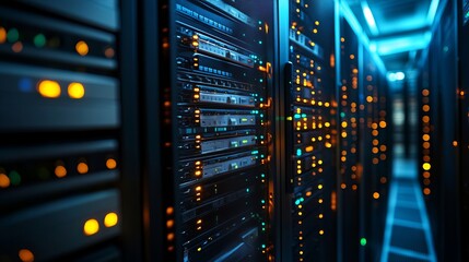 Modern data center filled with servers and blinking lights offering secure cloud computing solutions and reliable hosting for global businesses