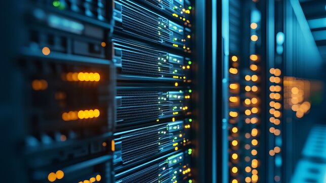 Powerful server room with blinking lights showcasing data center infrastructure for modern technology and cloud computing solutions in sleek design - Powered by Adobe