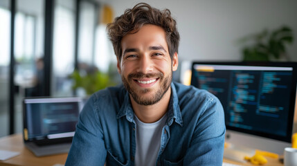 Fototapeta premium Smiling faceless software engineer facing camera while positioned at desk with multiple computing devices, positive tech professional, confident developer portrait, happy workplace