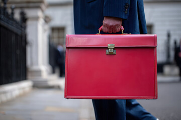 Red UK Budget Briefcase Held by Businessperson