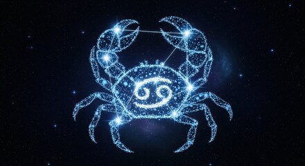 Digital constellation art of Cancer zodiac sign with glowing stars. This constellation depicts Cancer sign and its connected lines forming crab shape, shining with ethereal light,