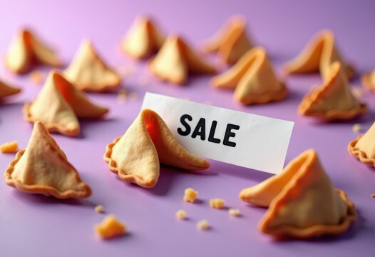 Fortune cookies arranged on a vibrant purple background with a prominent sale sign, creating a playful and festive atmosphere for promotions