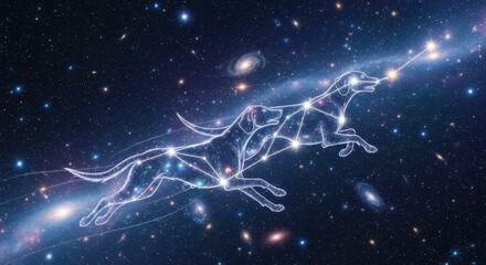 Canes Venatici constellation in deep space, a pattern of stars appearing as hunting dogs. Canes Venatici constellation lies among many faint galaxies in outer cosmos,