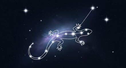 Depiction of the Lacerta constellation with glowing stars against cosmic backdrop. Lacerta constellation against dark blue space evokes mystery, wonder, and exploration.