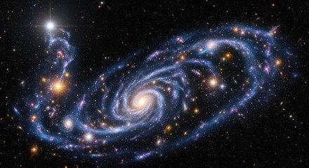 Beautiful spiral galaxy with cosmic dust clouds and bright stars, photographed with advanced telescope. Spiral galaxy showcases cosmic phenomena, featuring radiant celestial objects in deep space.
