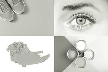 Creating a neutral grey aesthetic mood board with sneakers, an eye, a paint swatch, and paint cans, reflecting lifestyle and beauty. Color of 2026 year dancer in the white cloud