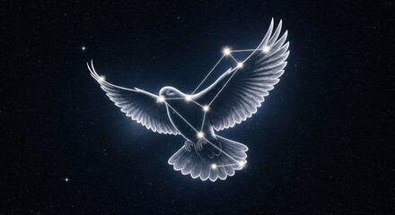 Glowing constellation of Columba against dark backdrop, celestial art showing bird outlined in points of light and interconnected lines.