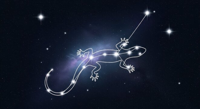 Depiction of the Lacerta constellation with glowing stars against cosmic backdrop. Lacerta constellation against dark blue space evokes mystery, wonder, and exploration.