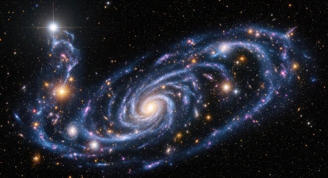 Beautiful spiral galaxy with cosmic dust clouds and bright stars, photographed with advanced telescope. Spiral galaxy showcases cosmic phenomena, featuring radiant celestial objects in deep space.