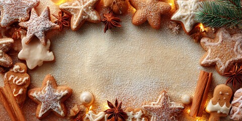 Festive Christmas Star Cookies and Cinnamon Sticks Frame with Powdered Sugar for Holiday Greetings, Warm Tones and Copy Space