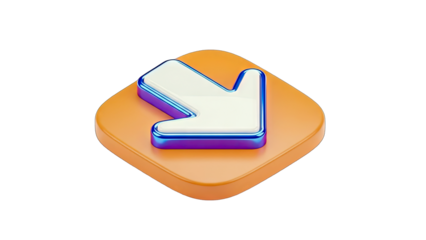 Arrow Icon Pointing Down and Right on Orange Square, Isolated on White Background