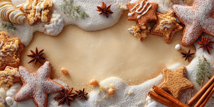 Festive Christmas Greeting Card with Star-Shaped Cookies, Cinnamon Sticks, and Snow, cozy holiday illustration, warm tones and soft lighting