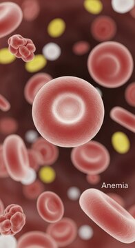 Red blood cells and blood cells in close up, representing anemia, low iron, pale blood, blood disorder, vital circulation within blood vessels, and anemic condition. Concept of low hemoglobin.