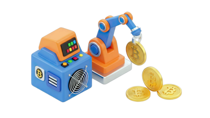 Bitcoin Mining Machine with Robotic Arm and Coins on White
