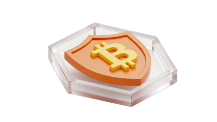 Bitcoin symbol on shield in a clear box, isolated on white background