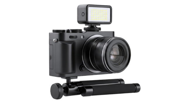 Black Digital Camera with LED Light on Tripod, Isolated on White Background