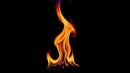 Dynamic orange and yellow flame with a graceful, whisk-like upward swirl, intensely illuminates a black background, symbolizing raw power, passionate energy, and vibrant warmth