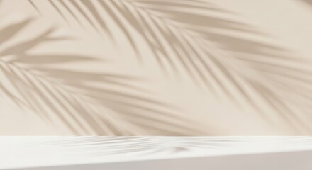 Palm shadow on light wall with white display stand for product