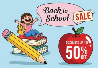 Back to school sale featuring a happy student books pencil and apple with a discount offer