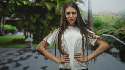 Naklejka premium Teenage girl hands on hips posing in a garden wearing white tshirt with long hair and a pout expression; defiance attitude.