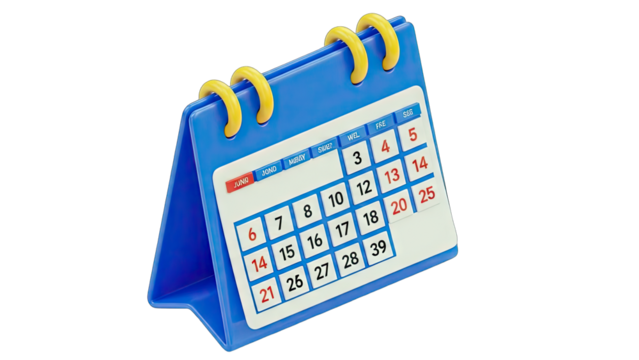Blue Desk Calendar Showing Dates on White Background