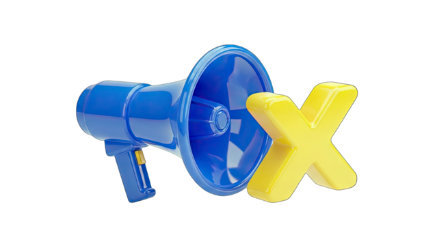 Blue Megaphone with Yellow X Symbol on White Background