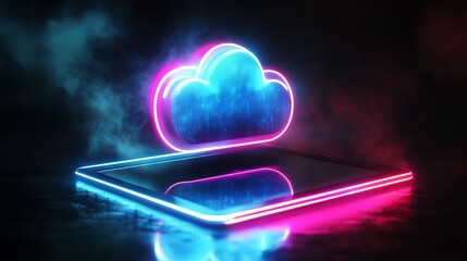 Cutting-edge cloud computing on tablet with stunning neon glow for tech innovation and digital transformation, modern technology visualization