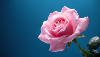 a single pink rose blossoms against a soft blue background petals delicately unfurled soft light illuminates the bloom highlighting its texture and vibrant spring nature
