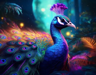 close up of colorful beautiful peacock in jungle at night time with neon glow digital ai art
