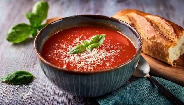 a bowl of homemade tomato basil soup topped with a sprinkle of parmesan cheese and served with crusty bread