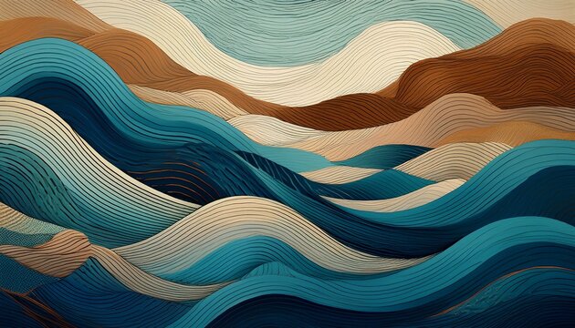 japanese inspired fabric abstract waves of blue teal and brown create a textured artistic landscape resembling layered mountains - Powered by Adobe