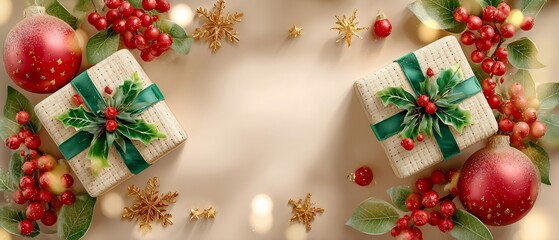 Charming Christmas greeting card composition with presents, baubles, and berries on a warm beige surface with soft bokeh and generous copy space, captured in 4k detail