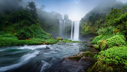 a majestic waterfall cascades over lush green cliffs into a misty river in a serene natural landscape