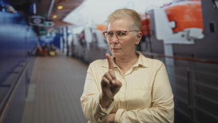 Woman points index finger forward on cruise ship deck inside building corridor with folded arms...